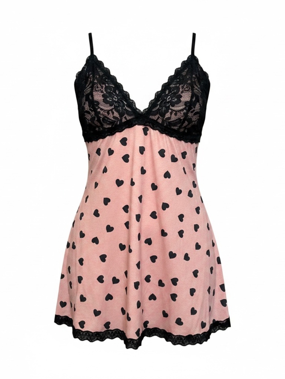 2 Lace-Trim Pink Heart Chemise one with Black Accents, white with red accents.